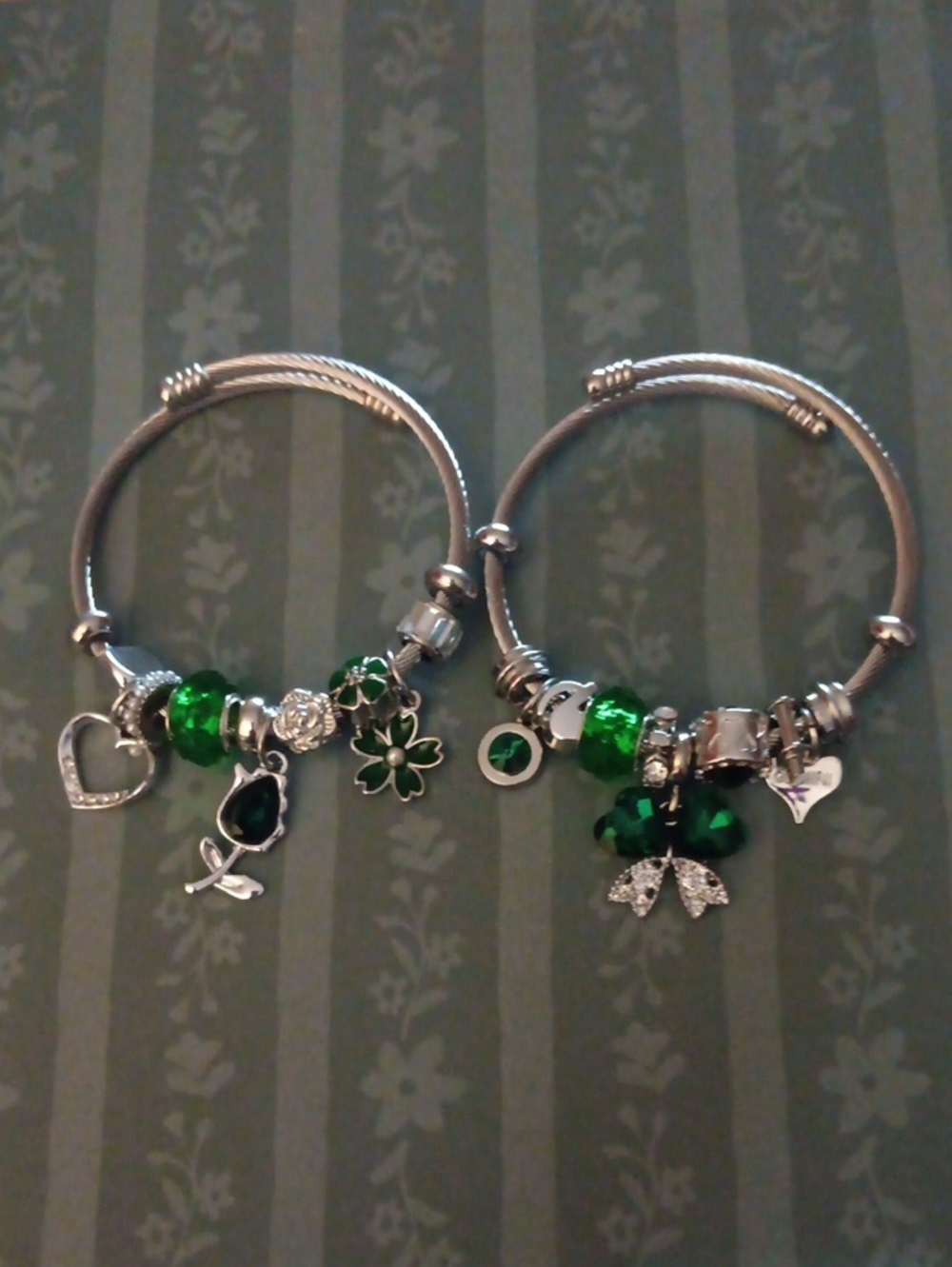 Green Crystal Charm Bangle Bracelet - Women Jewelry